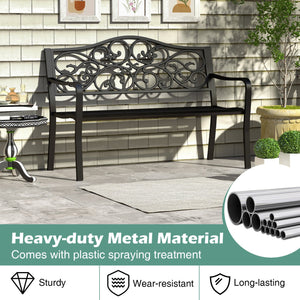 50 Inches Outdoor Cast Iron Metal Patio Bench with Floral Design Backrest and Slatted Seat-Black view 8