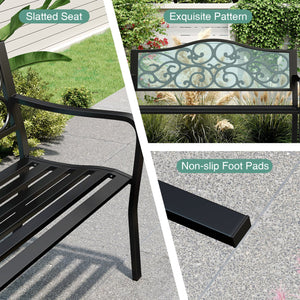 50 Inches Outdoor Cast Iron Metal Patio Bench with Floral Design Backrest and Slatted Seat-Black view 9