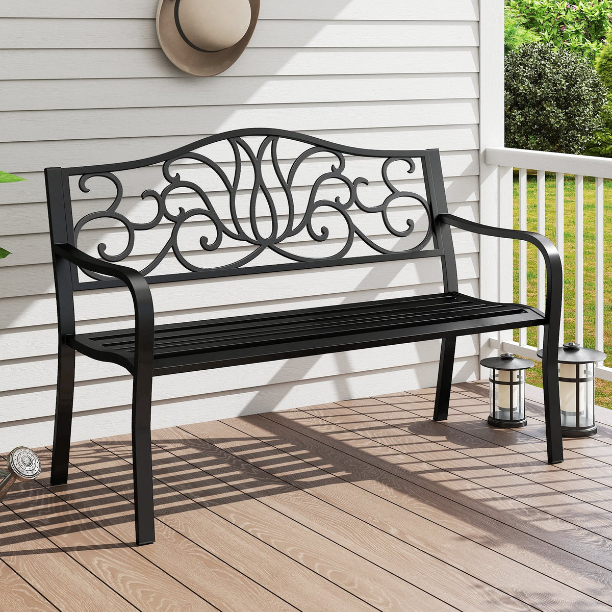 50 Inches Outdoor Garden Bench with Floral Design Backrest and Slatted Seat-Black view 2