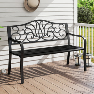 50 Inches Outdoor Garden Bench with Floral Design Backrest and Slatted Seat-Black view 2
