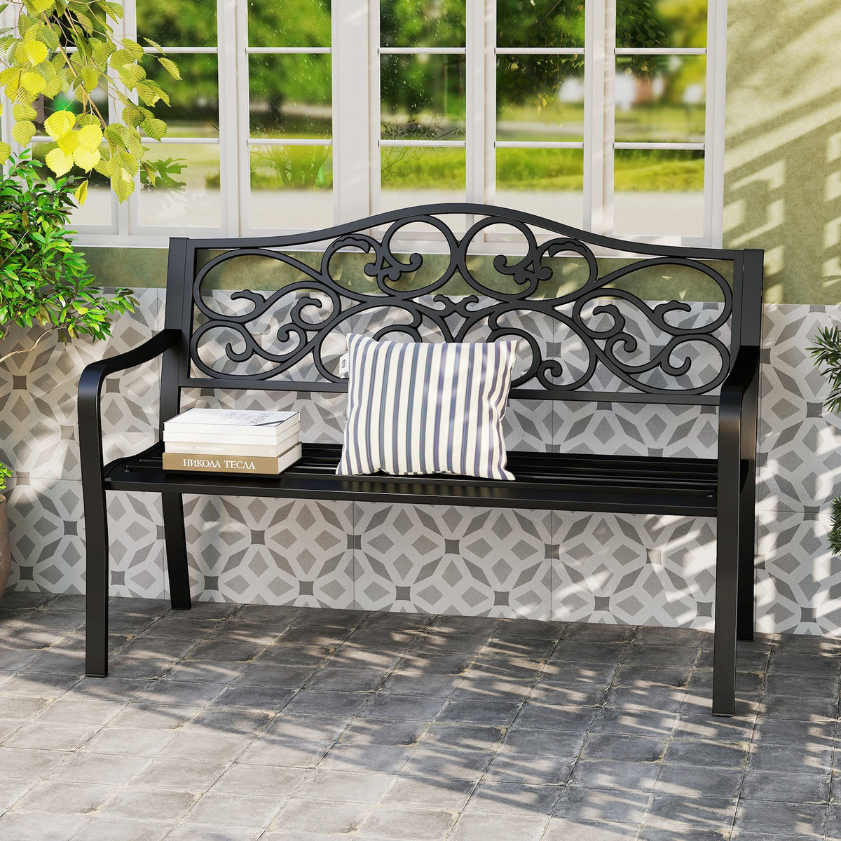 50 Inches Outdoor Garden Bench with Floral Design Backrest and Slatted Seat-Black view 3
