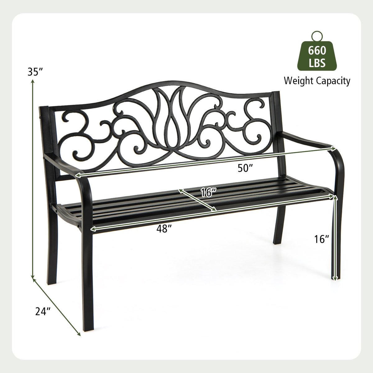 50 Inches Outdoor Garden Bench with Floral Design Backrest and Slatted Seat-Black view 4