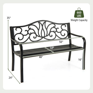 50 Inches Outdoor Garden Bench with Floral Design Backrest and Slatted Seat-Black view 4