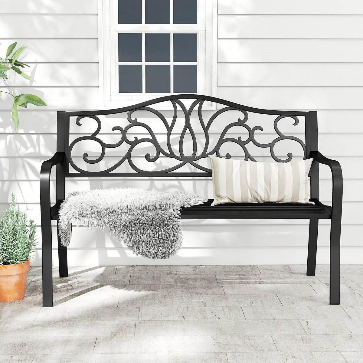 50 Inches Outdoor Garden Bench with Floral Design Backrest and Slatted Seat-Black view 5