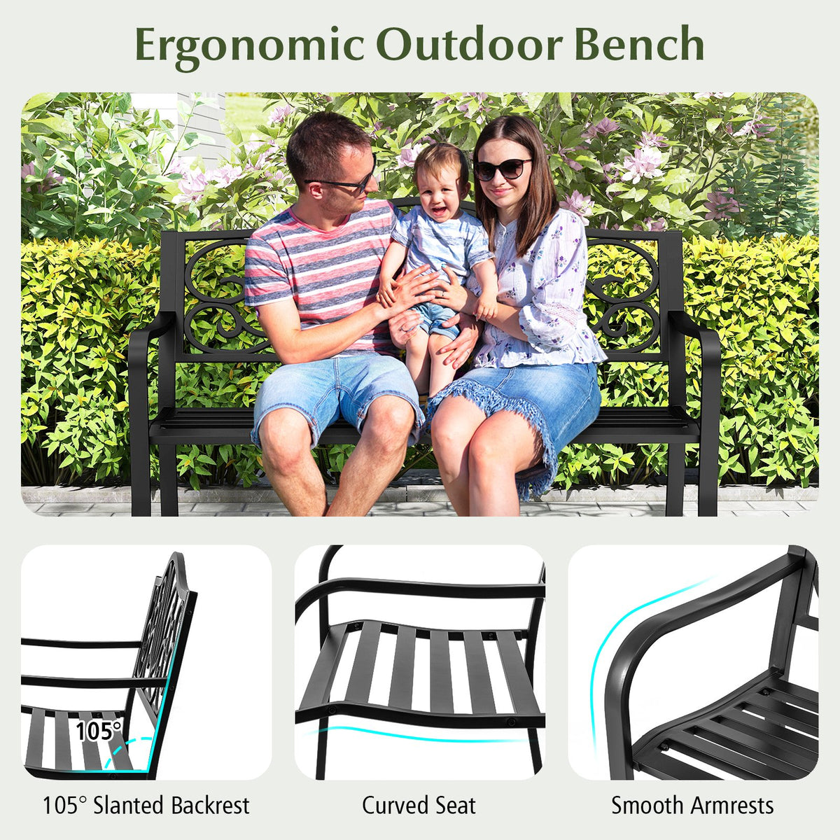 50 Inches Outdoor Garden Bench with Floral Design Backrest and Slatted Seat-Black view 7