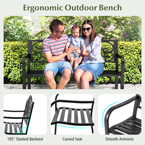 50 Inches Outdoor Garden Bench with Floral Design Backrest and Slatted Seat-Black view 7