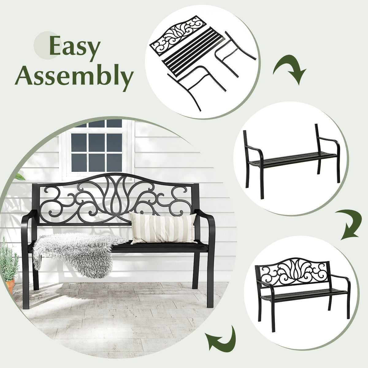 50 Inches Outdoor Garden Bench with Floral Design Backrest and Slatted Seat-Black view 8