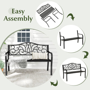 50 Inches Outdoor Garden Bench with Floral Design Backrest and Slatted Seat-Black view 8