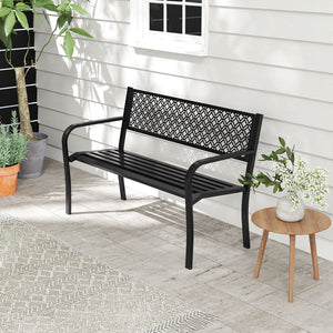 50 Inches Outdoor Garden Bench with Geometric Lattice Backrest and Slatted Seat-Black view 2