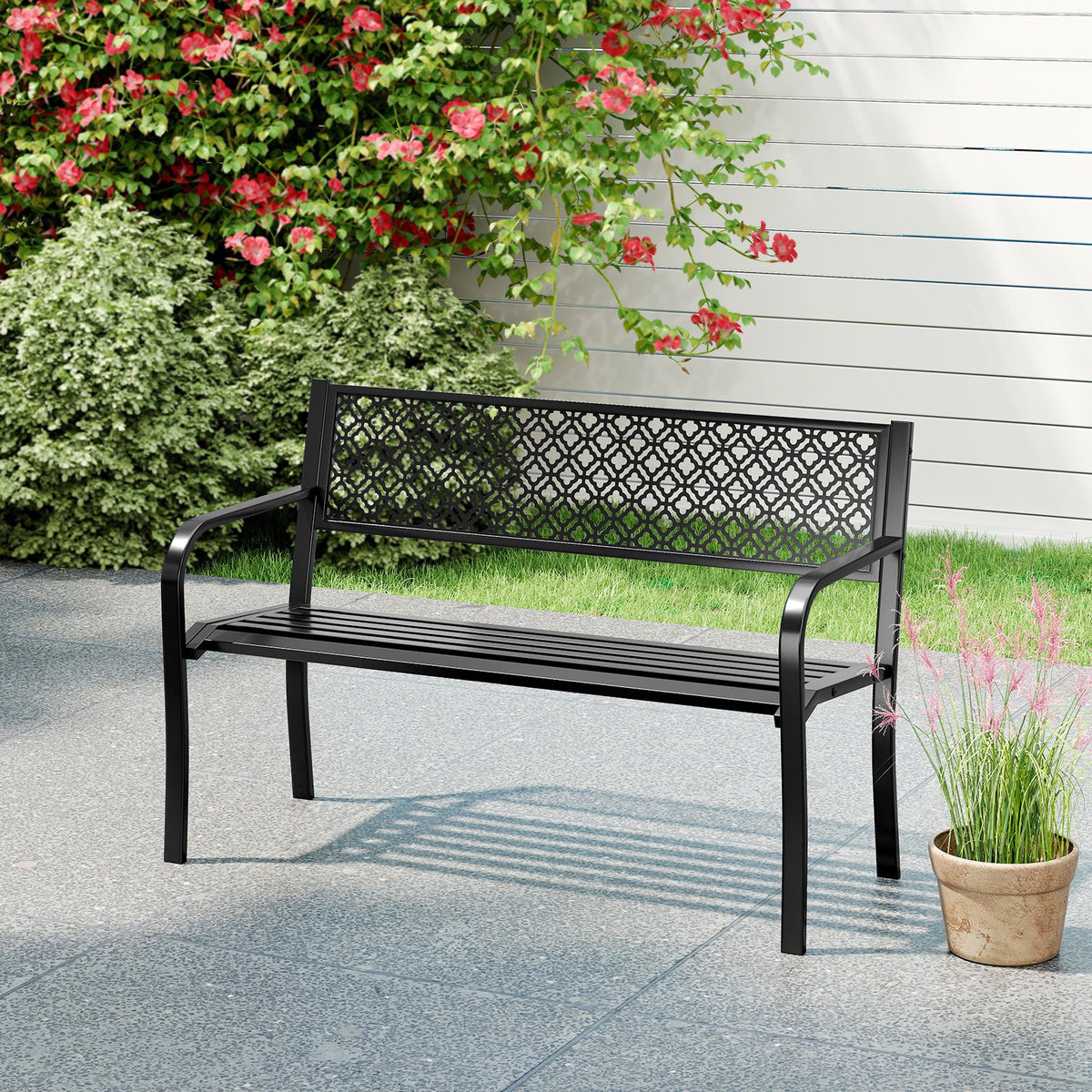 50 Inches Outdoor Garden Bench with Geometric Lattice Backrest and Slatted Seat-Black view 3