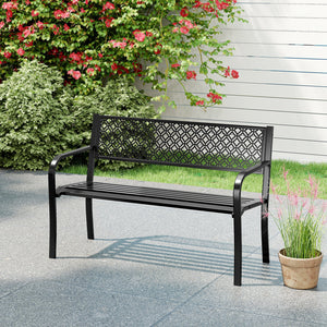 50 Inches Outdoor Garden Bench with Geometric Lattice Backrest and Slatted Seat-Black view 3
