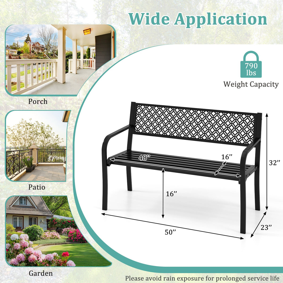 50 Inches Outdoor Garden Bench with Geometric Lattice Backrest and Slatted Seat-Black view 4
