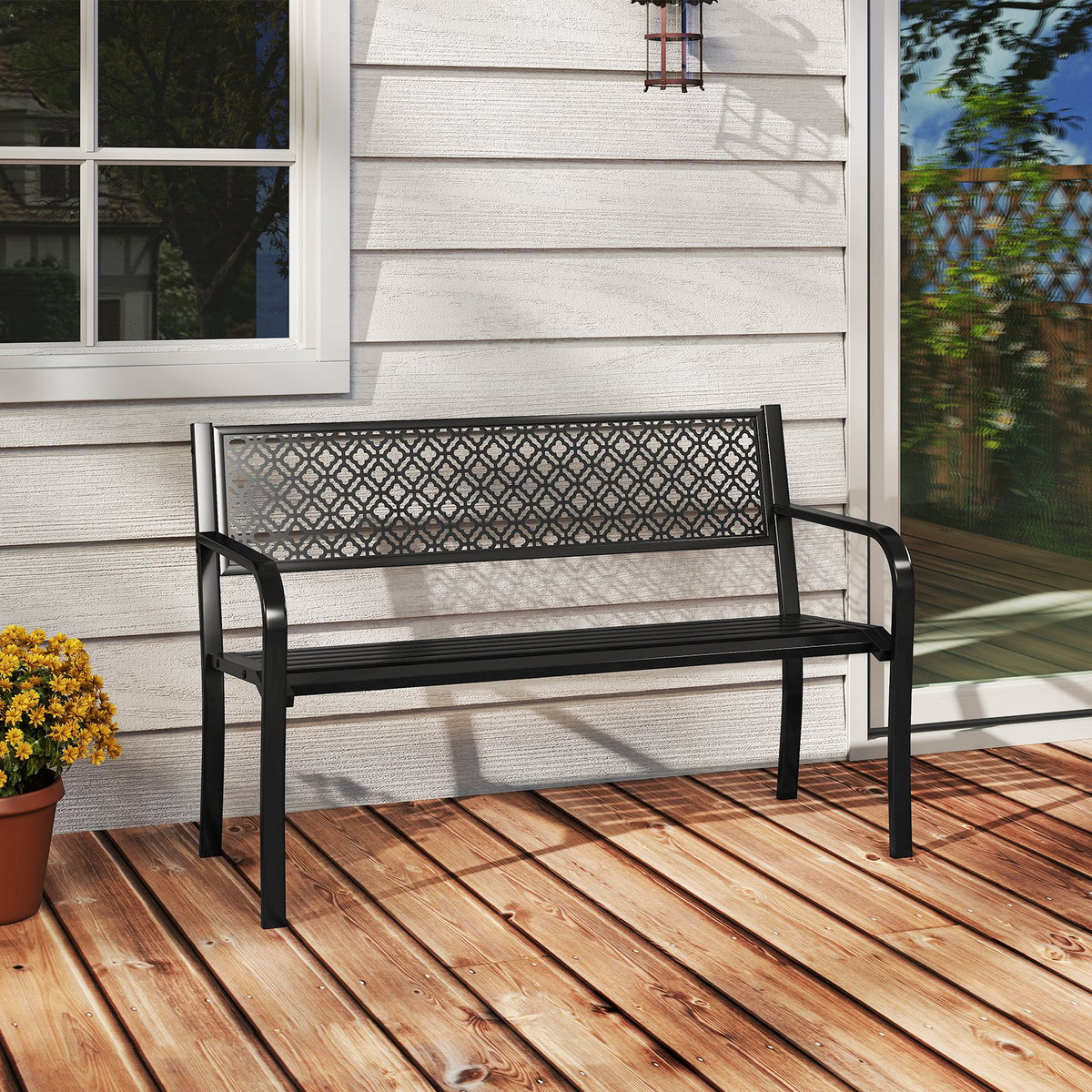 50 Inches Outdoor Garden Bench with Geometric Lattice Backrest and Slatted Seat-Black view 6