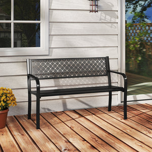 50 Inches Outdoor Garden Bench with Geometric Lattice Backrest and Slatted Seat-Black view 6