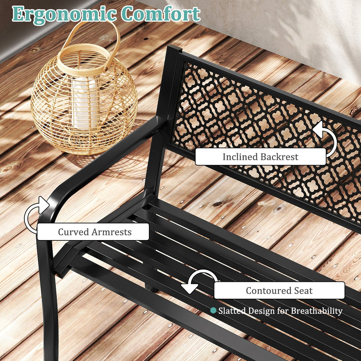 50 Inches Outdoor Garden Bench with Geometric Lattice Backrest and Slatted Seat-Black view 7
