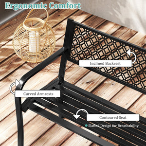 50 Inches Outdoor Garden Bench with Geometric Lattice Backrest and Slatted Seat-Black view 7