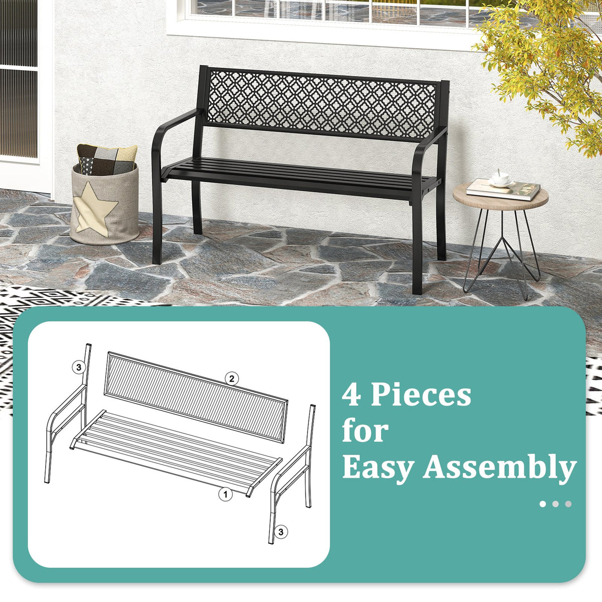 50 Inches Outdoor Garden Bench with Geometric Lattice Backrest and Slatted Seat-Black view 8
