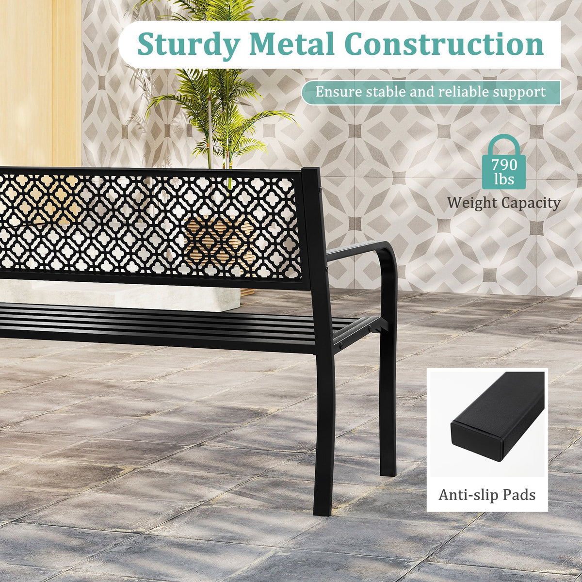 50 Inches Outdoor Garden Bench with Geometric Lattice Backrest and Slatted Seat-Black view 9