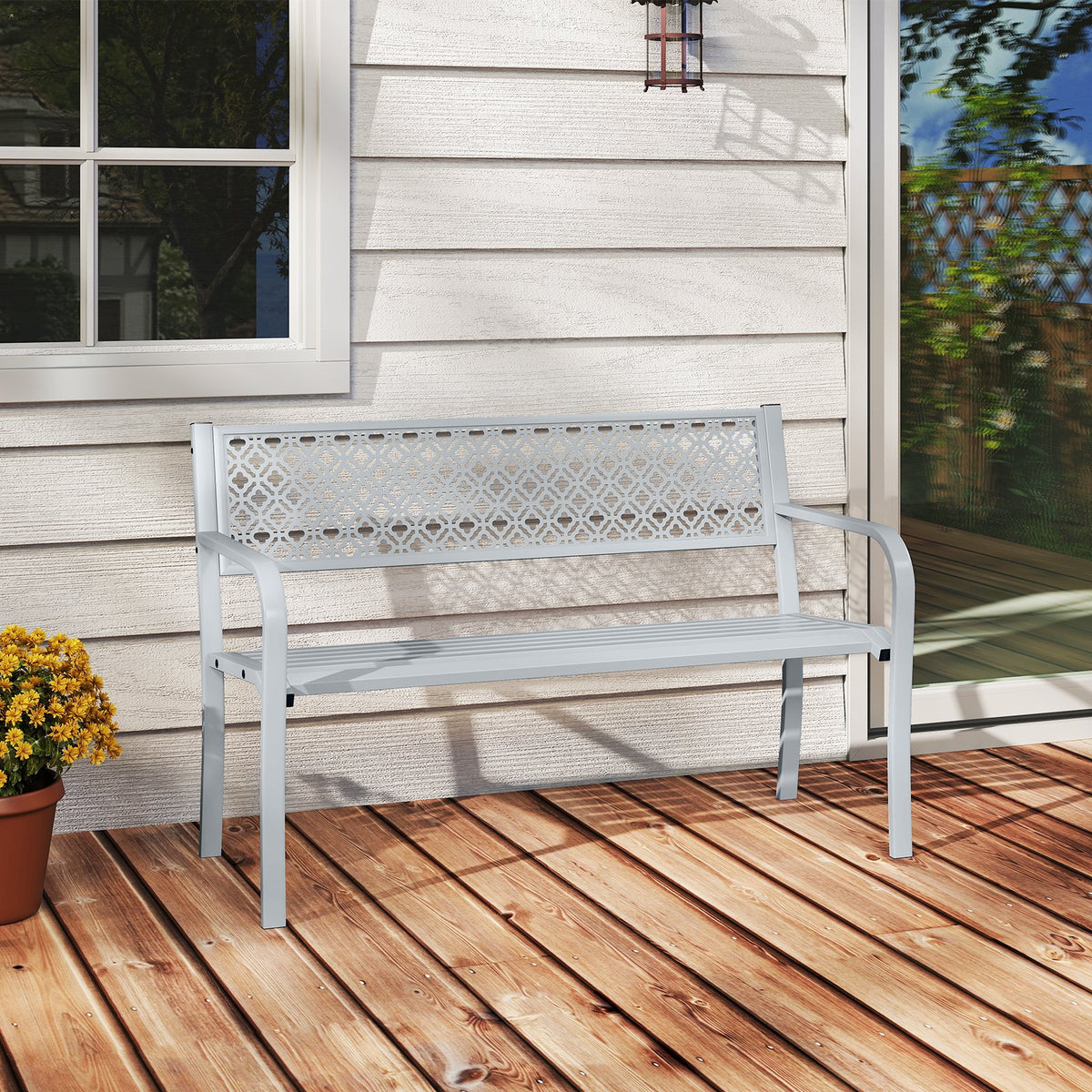 50 Inches Outdoor Garden Bench with Geometric Lattice Backrest and Slatted Seat-Gray view 2