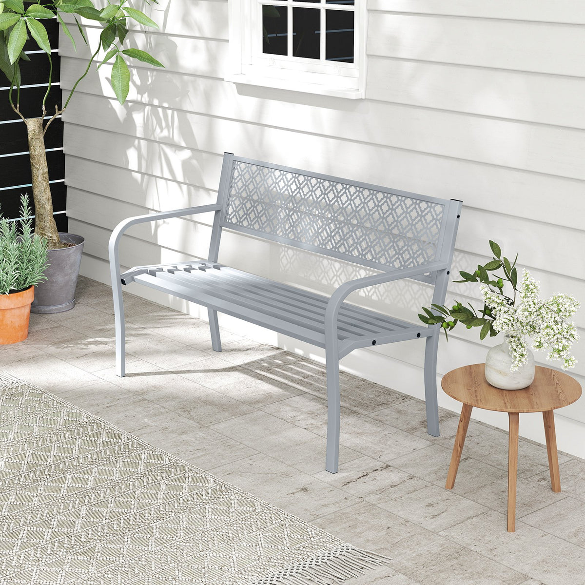 50 Inches Outdoor Garden Bench with Geometric Lattice Backrest and Slatted Seat-Gray view 3