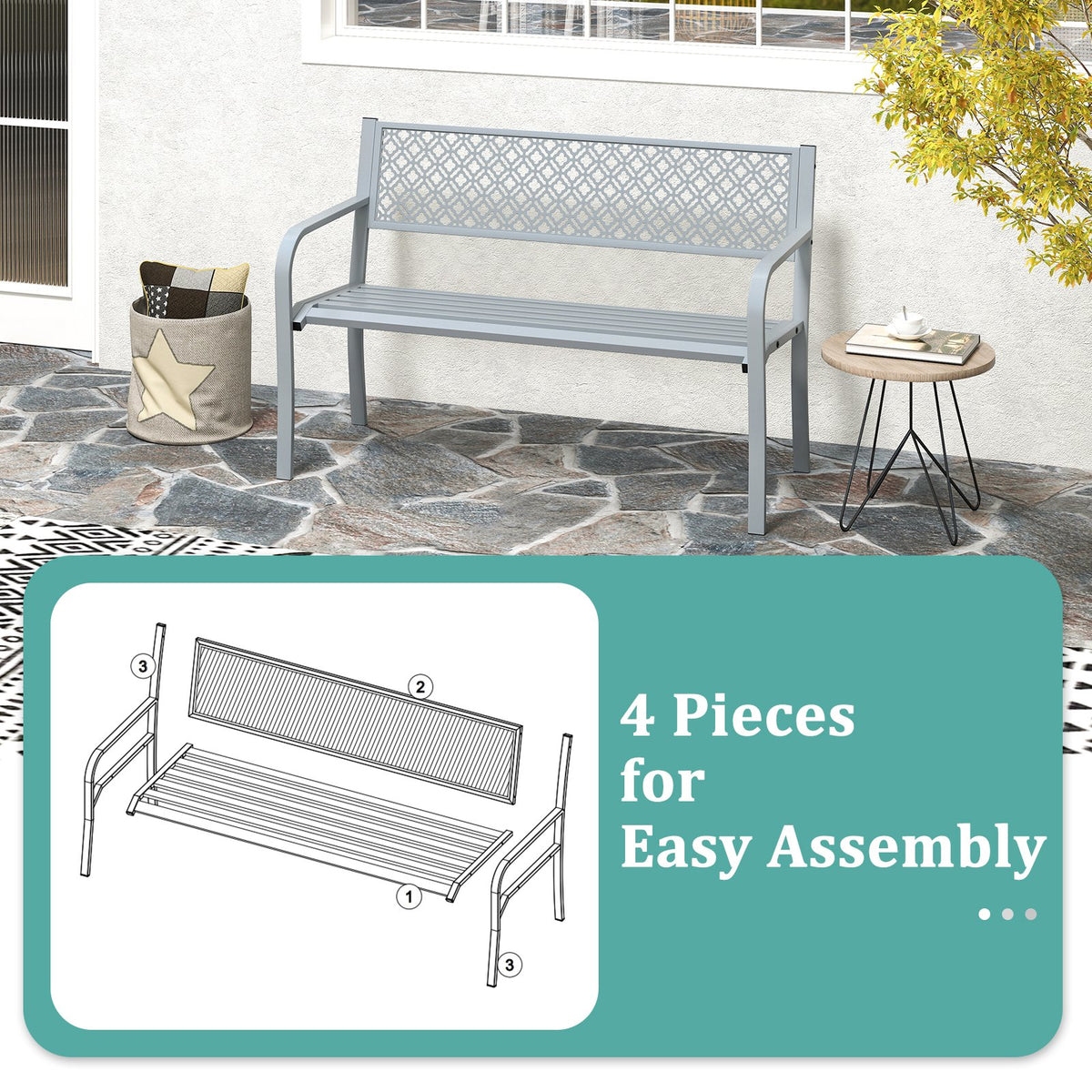 50 Inches Outdoor Garden Bench with Geometric Lattice Backrest and Slatted Seat-Gray view 4