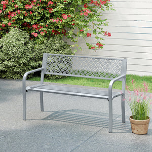 50 Inches Outdoor Garden Bench with Geometric Lattice Backrest and Slatted Seat-Gray view 5
