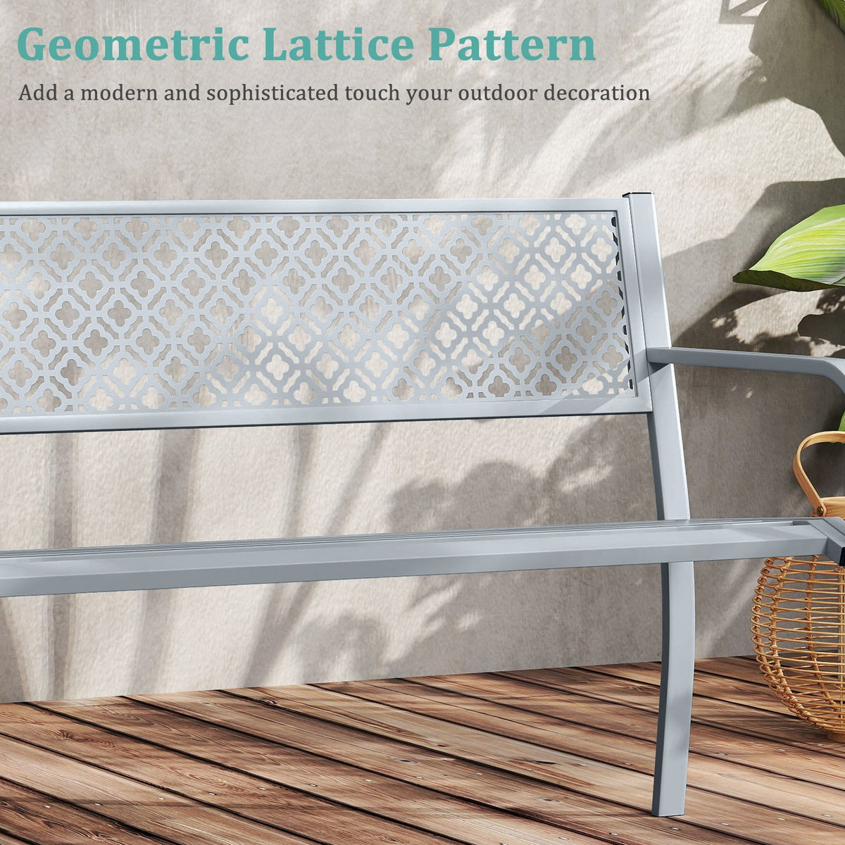 50 Inches Outdoor Garden Bench with Geometric Lattice Backrest and Slatted Seat-Gray view 7