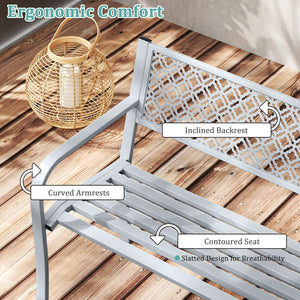 50 Inches Outdoor Garden Bench with Geometric Lattice Backrest and Slatted Seat-Gray view 8