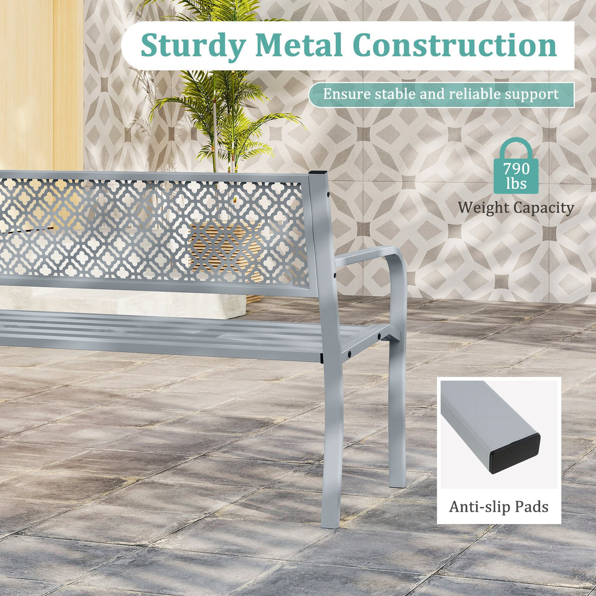 50 Inches Outdoor Garden Bench with Geometric Lattice Backrest and Slatted Seat-Gray view 9