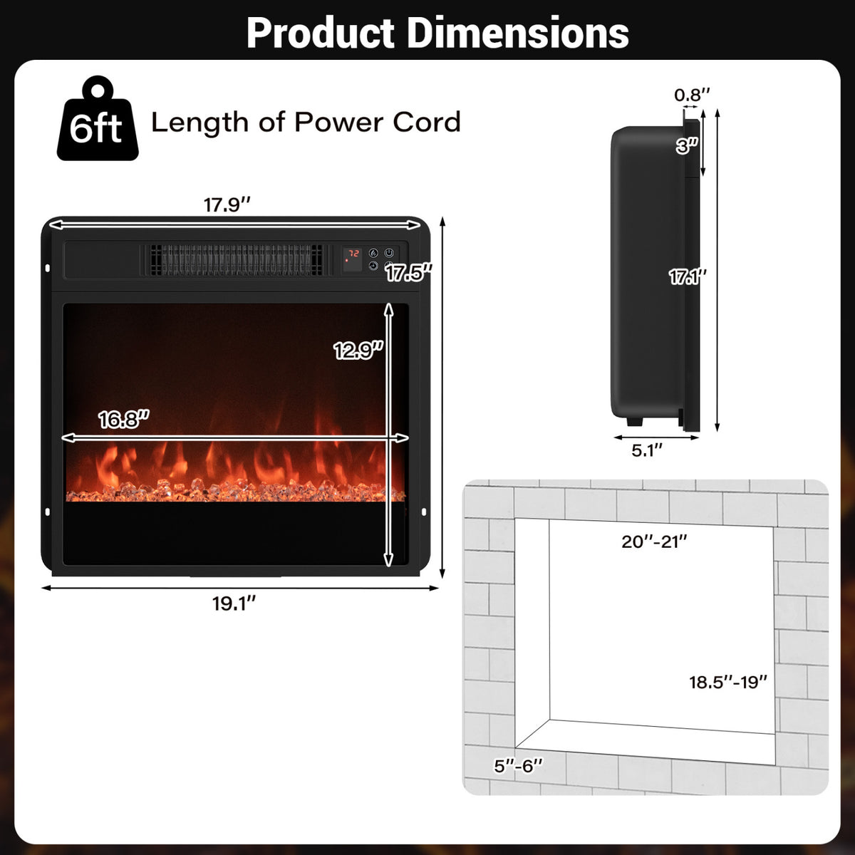 5000 BTU 18-Inch Electric Fireplace Insert with Remote Control and Brightness-Black view 5