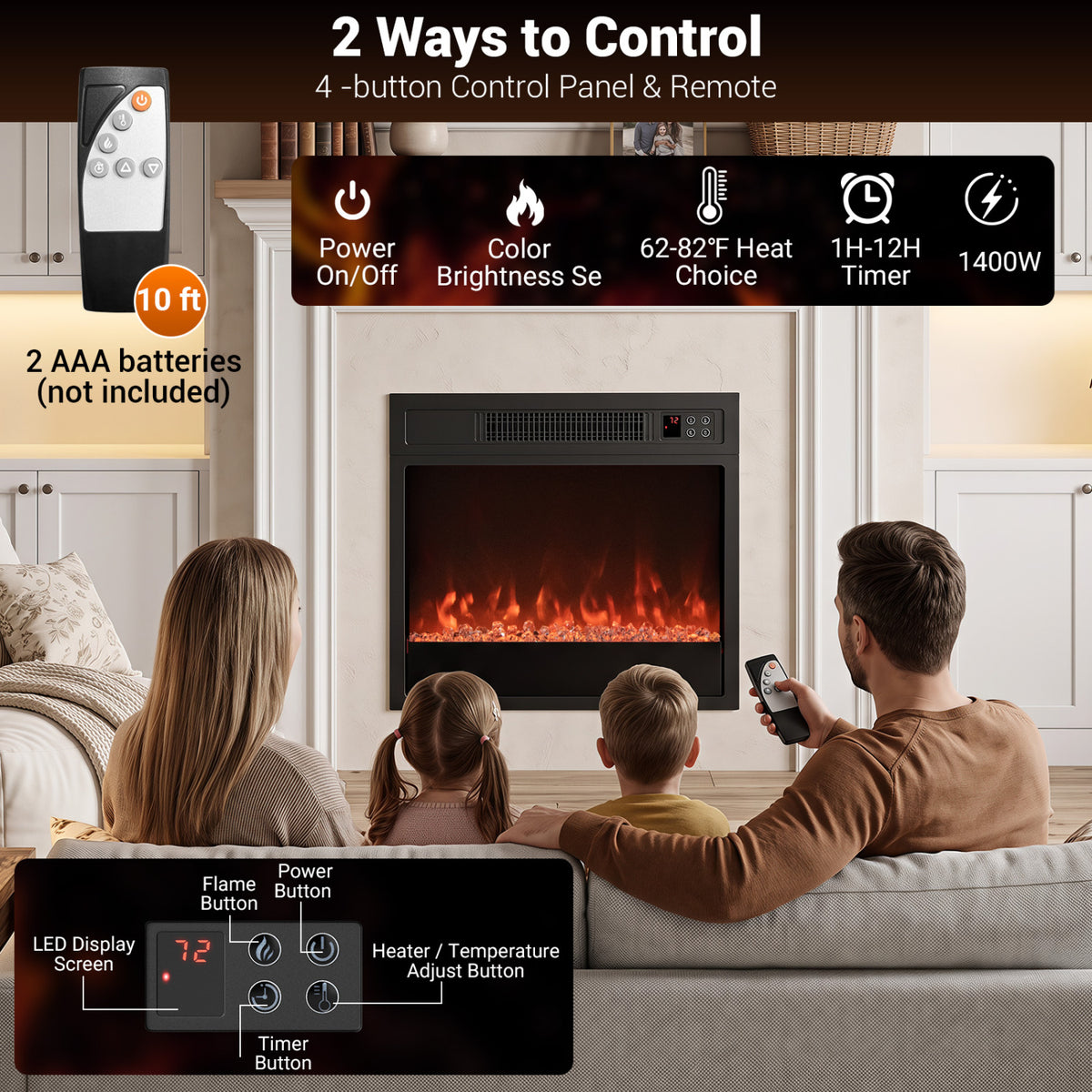 5000 BTU 18-Inch Electric Fireplace Insert with Remote Control and Brightness-Black view 8
