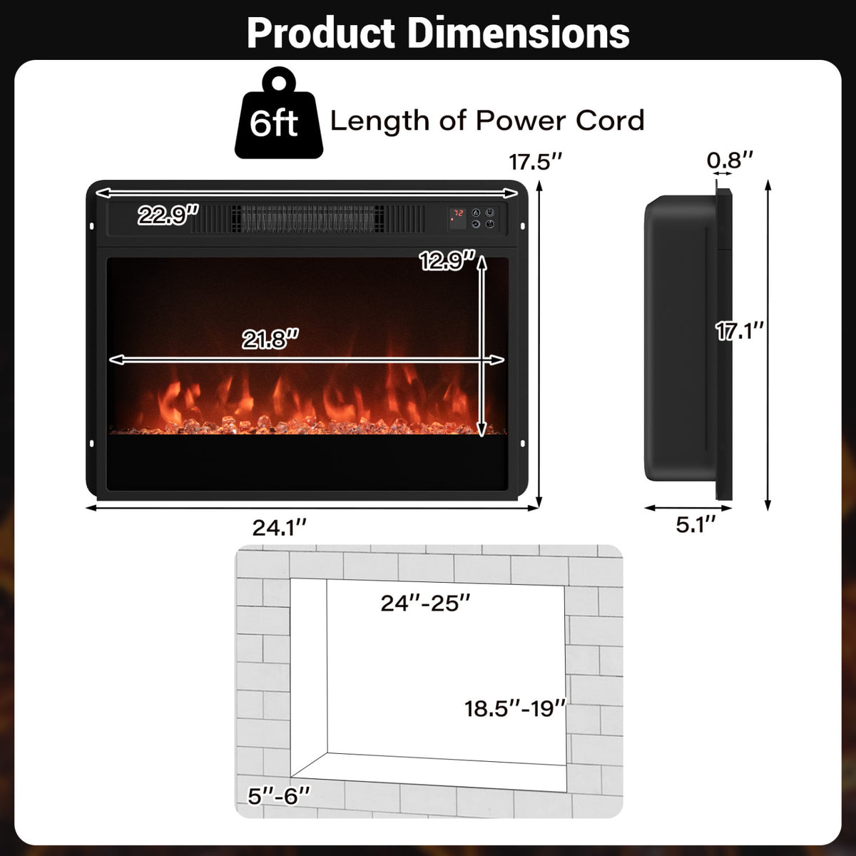5000 BTU 23-Inch Electric Fireplace Insert with Remote Control and Brightness-Black view 5