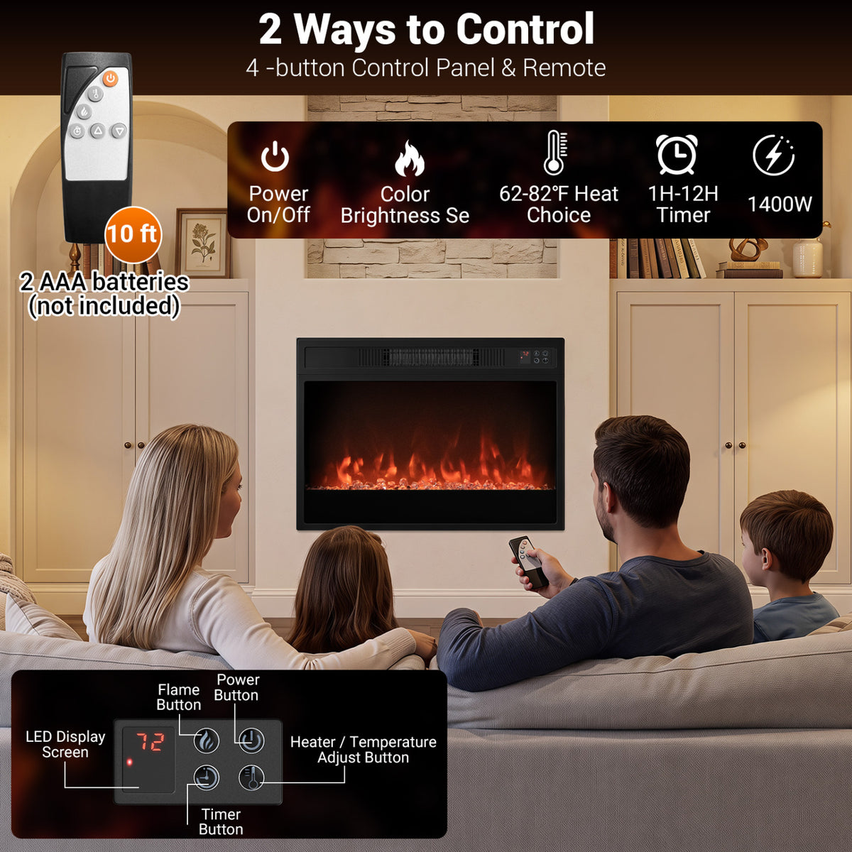 5000 BTU 23-Inch Electric Fireplace Insert with Remote Control and Brightness-Black view 8