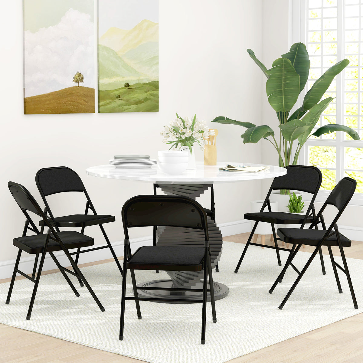 Set of 6 Metal Foldable Chairs, Faux Linen Padded Folding Chairs with Cushion Seat and Open Back for Indoor, Black