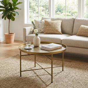 Vintage Coffee Table for Living Room, 24" Round Center Table with Hammered Tray Top and Metal Frame, Gold