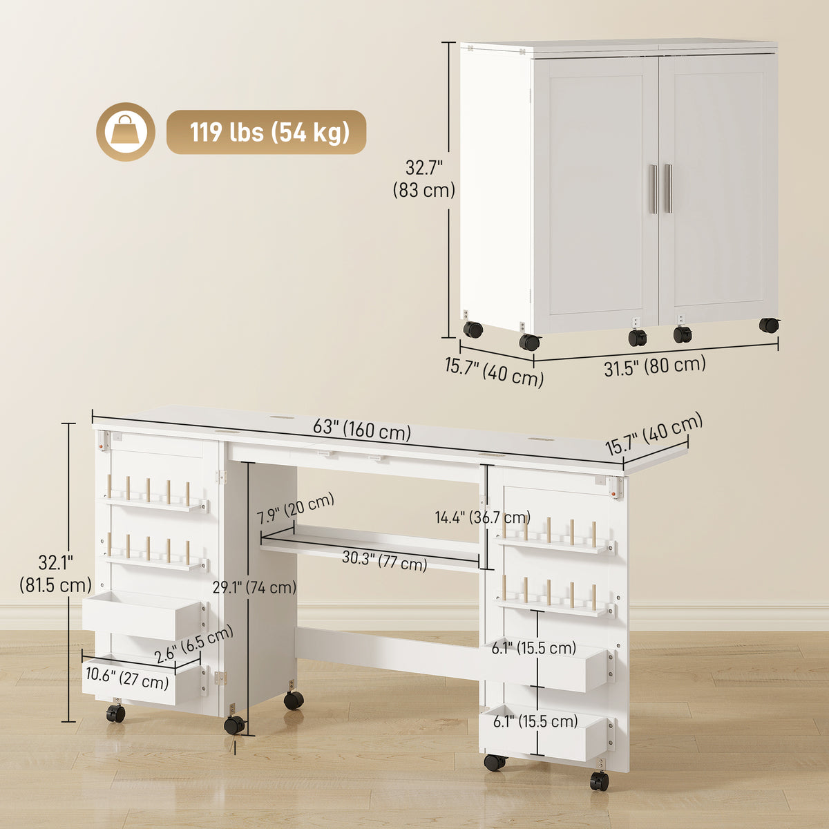Folding Craft Table, Rolling Sewing Machine Table with Magnetic Doors, Bins, Pegs, Storage Shelf, Lockable Wheels, White