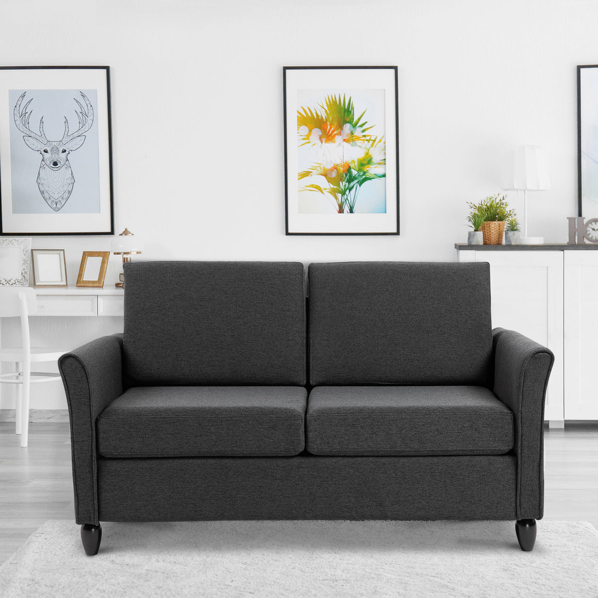 2-Seat Sofa Two-Seater Couch with Armrests and Wood Legs for Living Room, Bedroom, Dark Grey – view 5