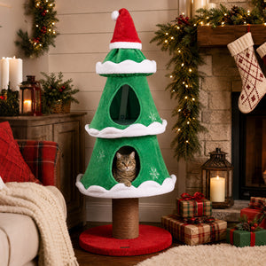 51 inches Christmas Cat Tree with 2 Cozy Condos and Scratching Post for Pets-Green view 2
