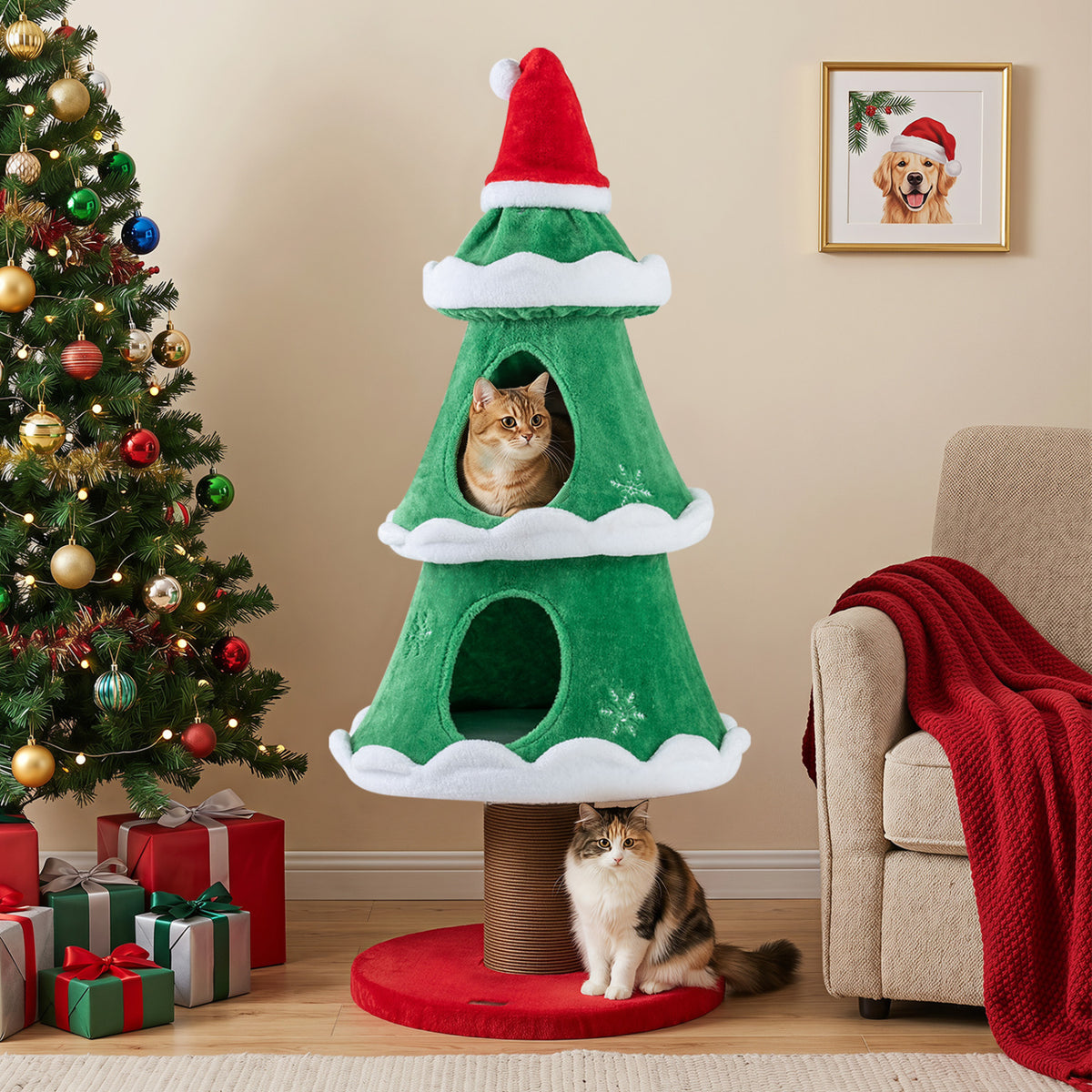 51 inches Christmas Cat Tree with 2 Cozy Condos and Scratching Post for Pets-Green view 3