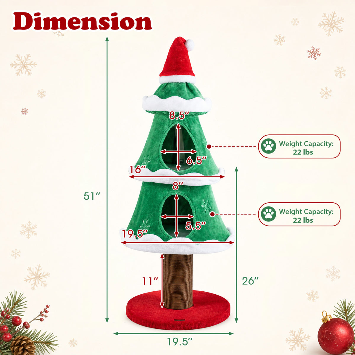 51 inches Christmas Cat Tree with 2 Cozy Condos and Scratching Post for Pets-Green view 5