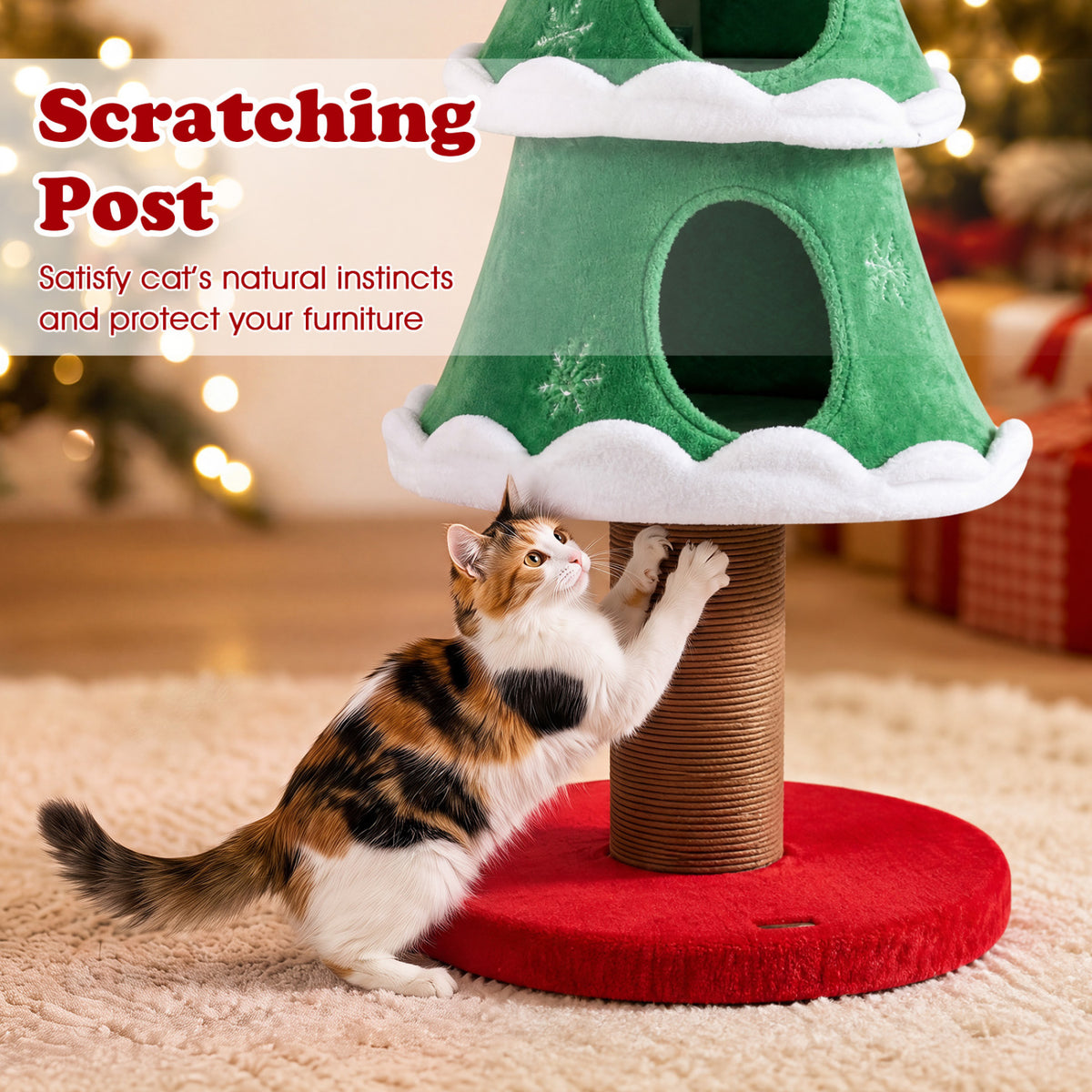 51 inches Christmas Cat Tree with 2 Cozy Condos and Scratching Post for Pets-Green view 8