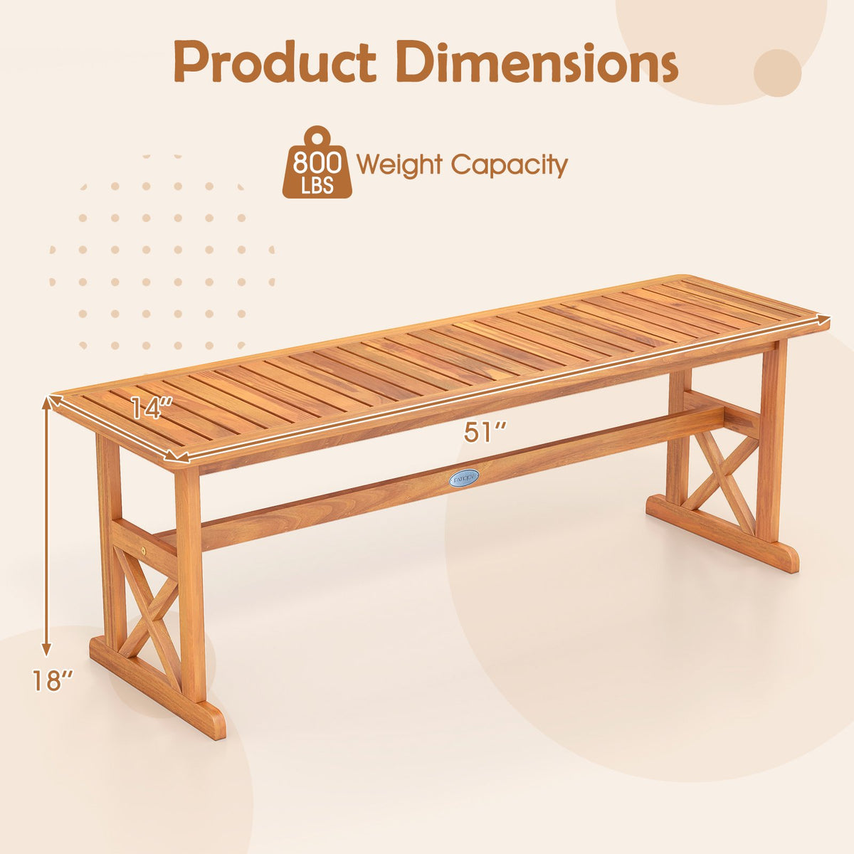 51 Inches Outdoor Acacia Wood Bench with Slatted Seat and 800 lbs Weight Capacity-1 Piece view 4