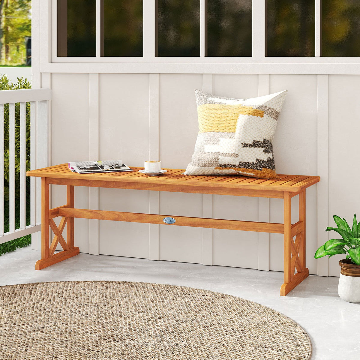 51 Inches Outdoor Acacia Wood Bench with Slatted Seat and 800 lbs Weight Capacity-2 Pieces view 2