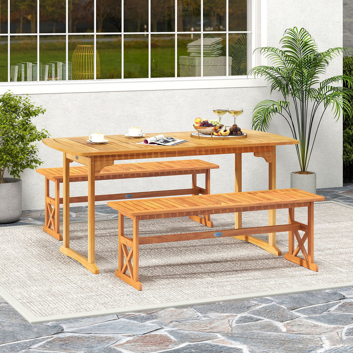 51 Inches Outdoor Acacia Wood Bench with Slatted Seat and 800 lbs Weight Capacity-2 Pieces view 5