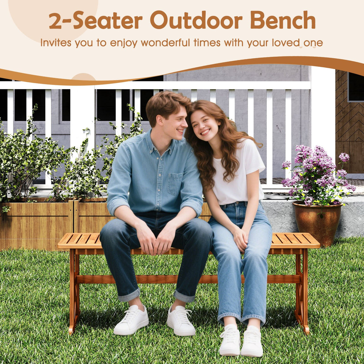 51 Inches Outdoor Acacia Wood Bench with Slatted Seat and 800 lbs Weight Capacity-2 Pieces view 7