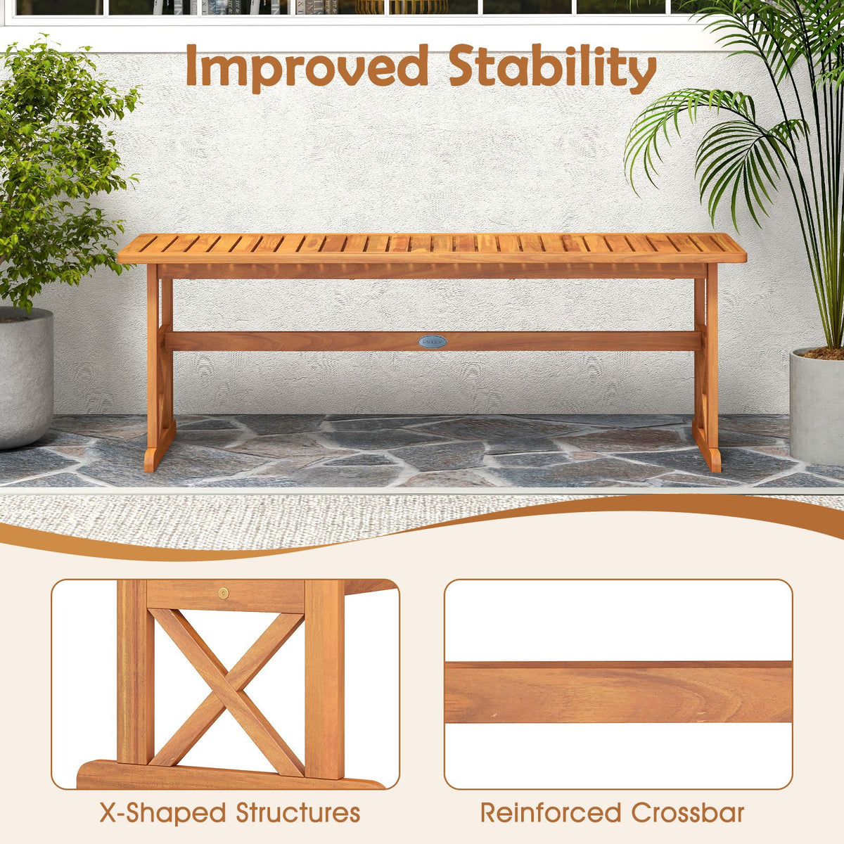 51 Inches Outdoor Acacia Wood Bench with Slatted Seat and 800 lbs Weight Capacity-2 Pieces view 9