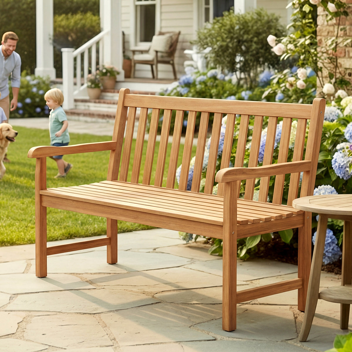 51/62inch Teak Outdoor Porch Bench 3-Seat Solid Wood Garden Patio Bench with Armrests-51 inch view 5