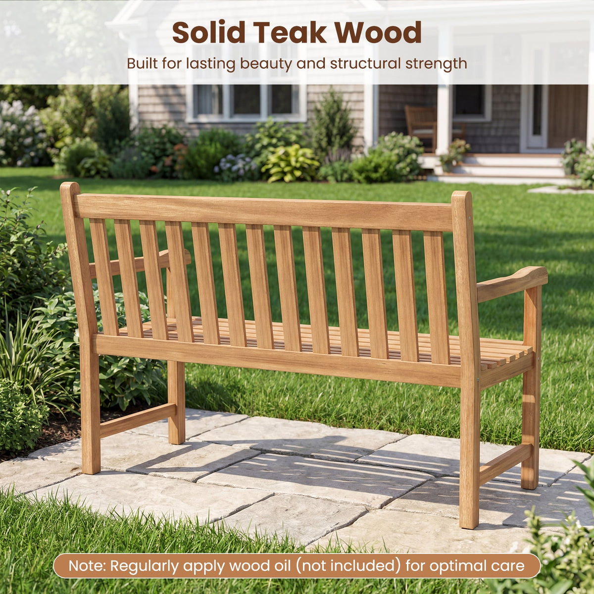 51/62inch Teak Outdoor Porch Bench 3-Seat Solid Wood Garden Patio Bench with Armrests-51 inch view 6