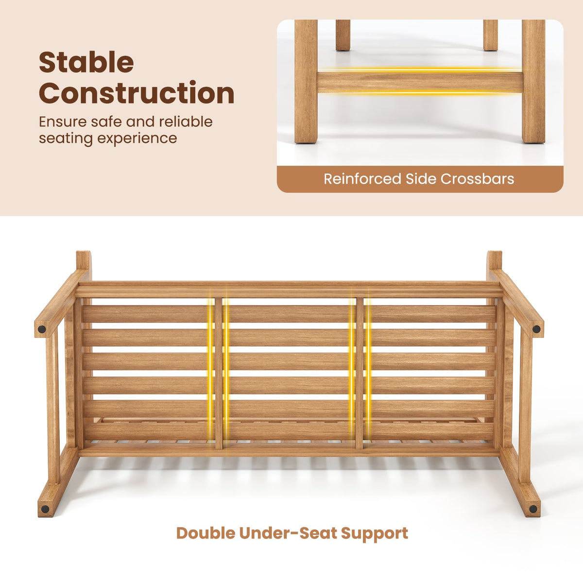 51/62inch Teak Outdoor Porch Bench 3-Seat Solid Wood Garden Patio Bench with Armrests-51 inch view 8