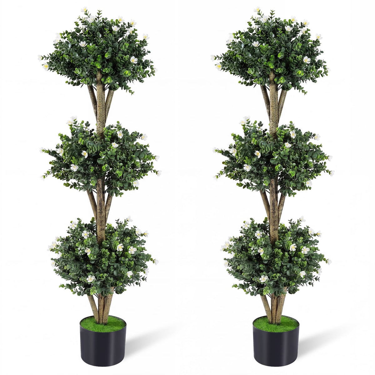 51 inches Artificial Triple Ball Boxwood Topiary Tree with 59 Blossoms Set of 2-White